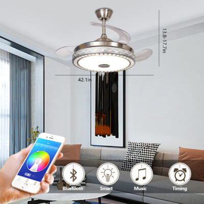 42'' Retractable Ceiling Fan with LED Light Bluetooth Speaker 3 Color W/ Remote