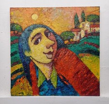 Paesaggio Figura Dipinto Quadro Olio Tavola  Cm30x30 De Lorenzo Carlo