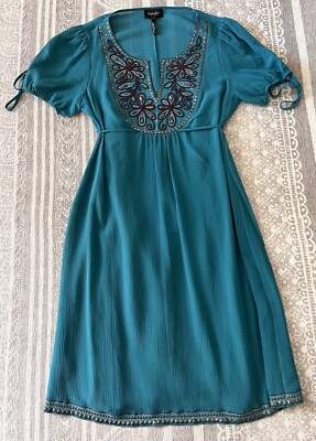 LAUNDRY BY SHELLI SEGAL Women's Green Embroidered Beaded Peasant Boho Dress  Sz 6 | eBay