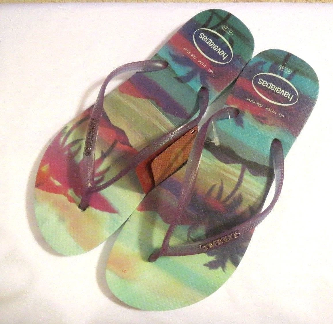 Brazilian Authentic HAVAIANAs US 11 12 Blue Hawaiian Palm Trees Flip Flops