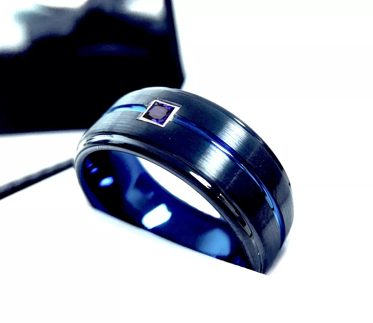 Black Ring Blue Tungsten Band Square Sapphire Stone Ring Mens Wedding Bands
