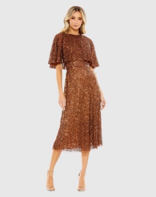 Mac Duggal Size 18 Brown 5577 Embellished Sequin Beaded Cape Midi Cocktail Dress