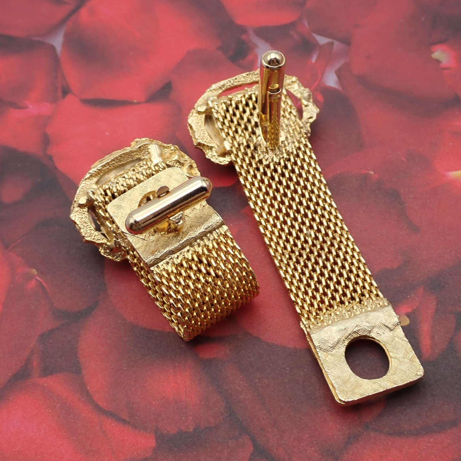 Vtg Red Rectangular Rhinestone Gold Tone Nugget S… - image 2