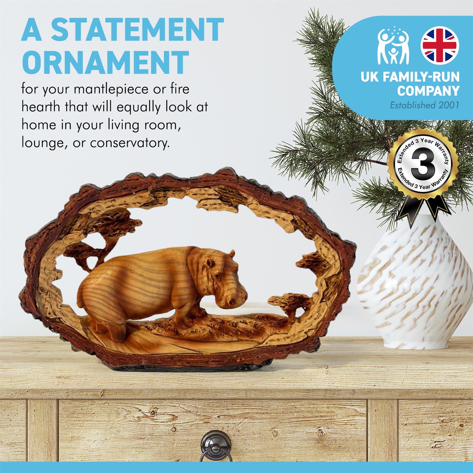 SOLITARY HIPPO IN WOOD EFFECT RESIN Ornaments for Home Wildlife