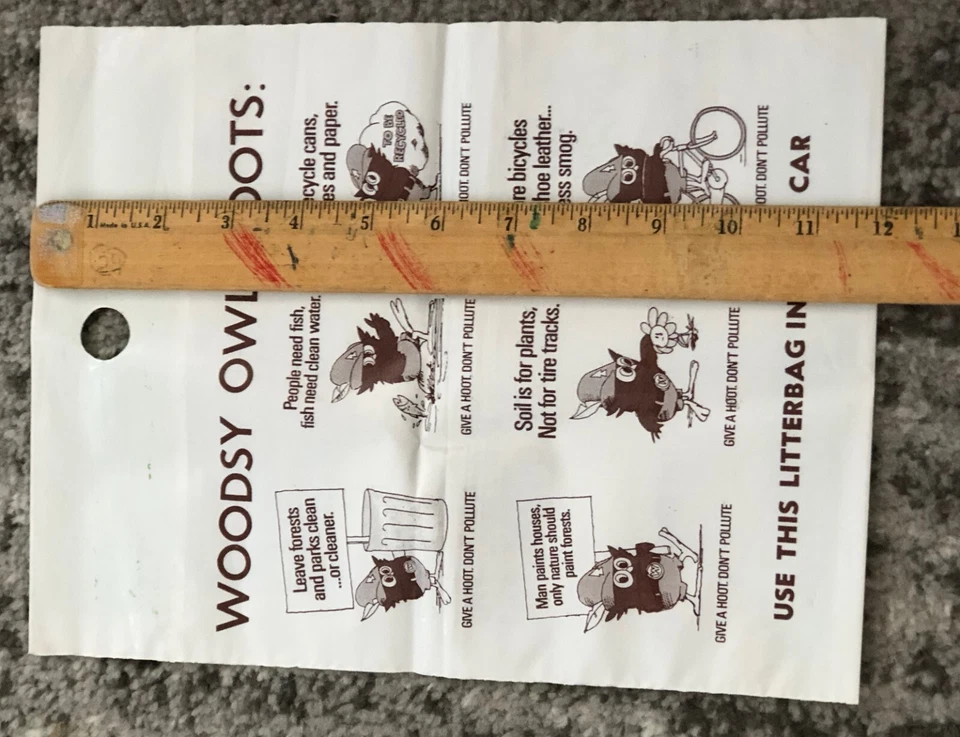 Bolsa de basura ambiental vintage años 70 Woodsy Owl "Give a Hoot" campaña basura Foto 4 de 4