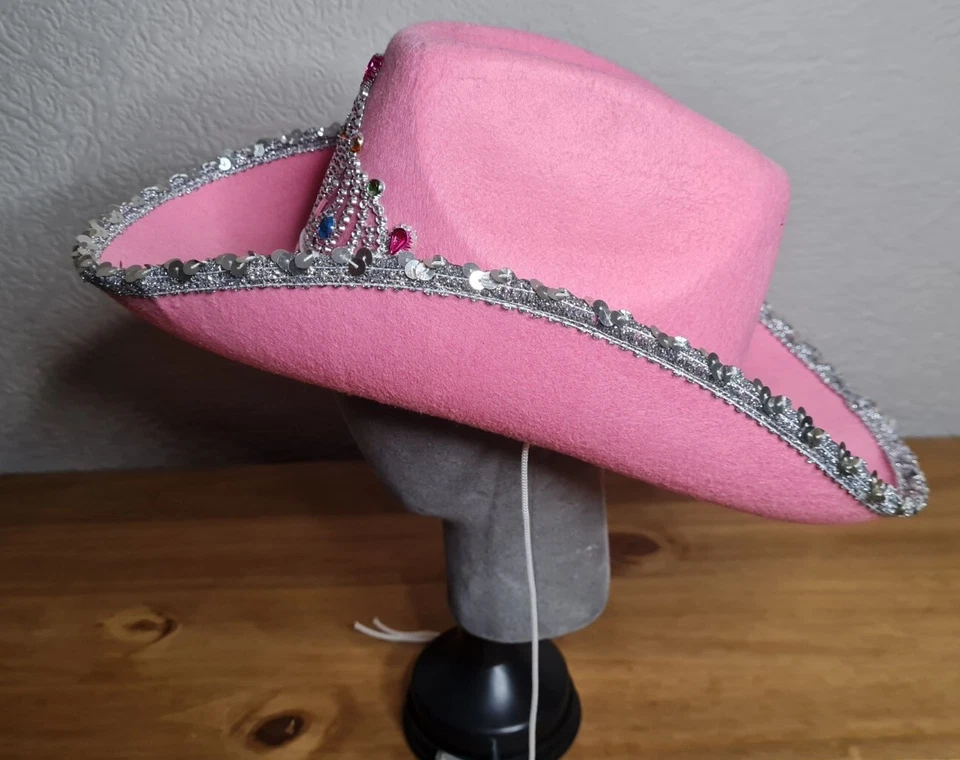 Pink Cowboy Hat With Tiara Sequins Cowgirl Fancy Dress Costume Hen Party Night - Image 3 of 4