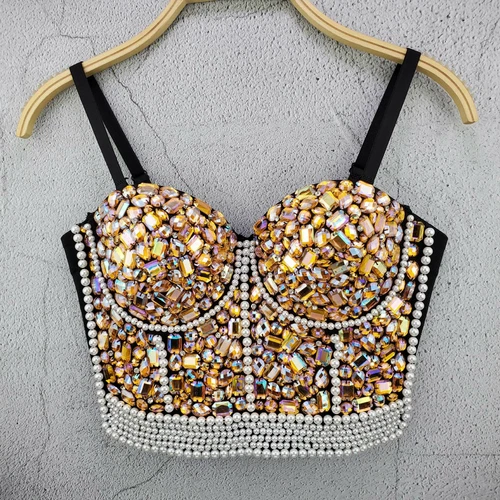 Pearl Corset Bustier Bra Crop Top Colorful Rhinestone Push Up Bralette Tank Top! - Picture 15 of 20