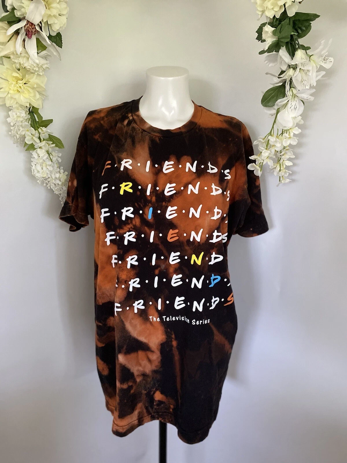 Friends The TV Series Tie Dye T-Shirt Black Orange Tie Dye Unisex Size Large Vtg