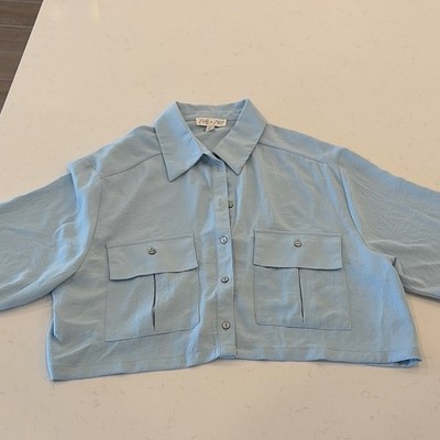 SHE + SKY Blue Women's Collared Cropped Button-Up Shirt Pockets L