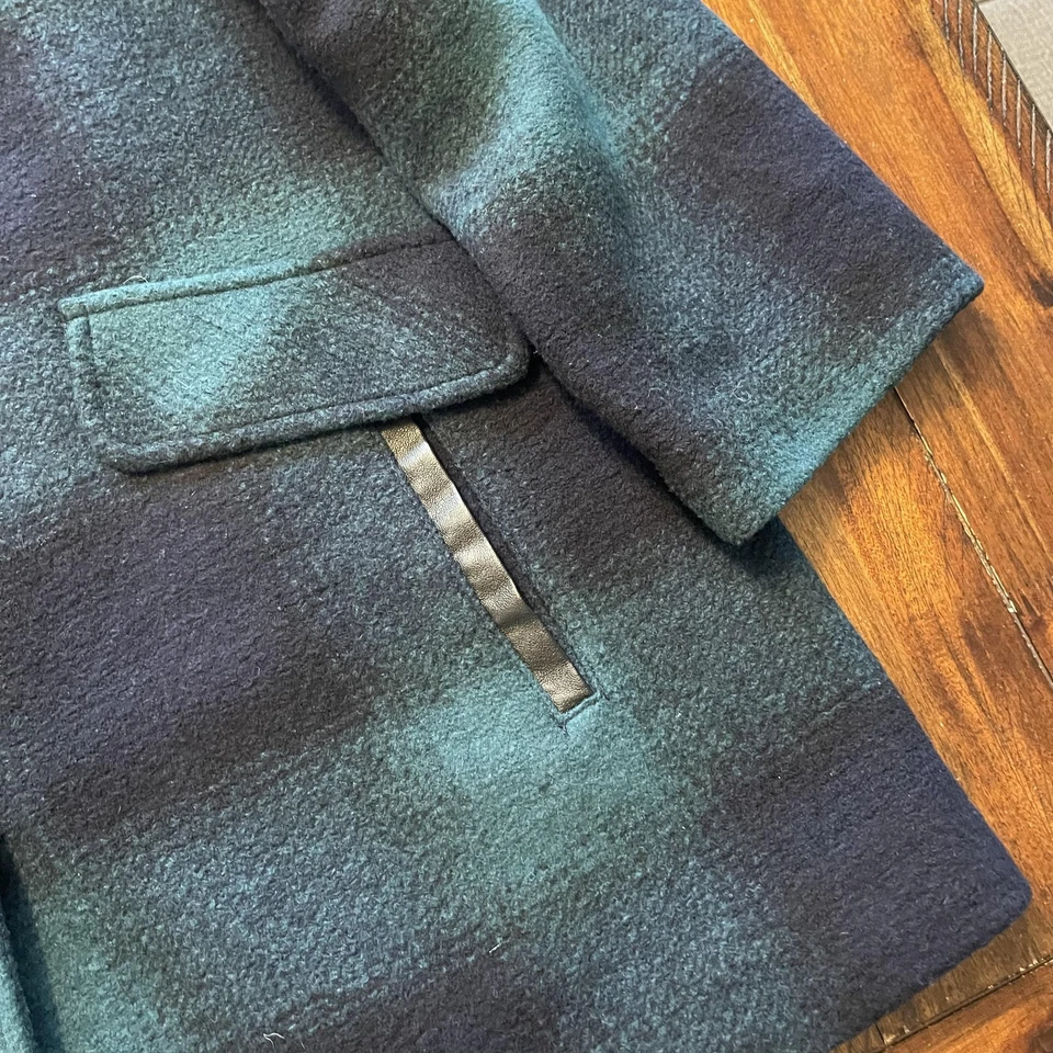 Pendleton Mercer Island Mujer XL Verde Azul Cuadros Lana Coche Abrigo Cuero Borde Foto 4 de 4