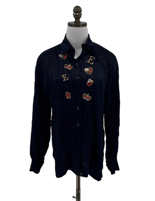 Escada Vintage Black Button Top Sz 38 Royal Patch Embroidered Long Sleeve
