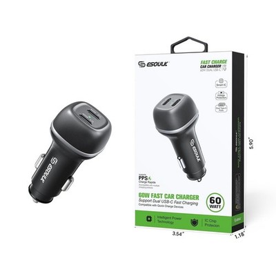 Esoulk 60W Dual USB-C Fast Car Charger PD PPS for iPhone Samsung