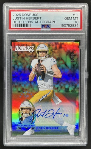 2025 Panini Donruss Justin Herbert Retro 1995 Auto #/25 Chargers PSA 10 GEM MINT