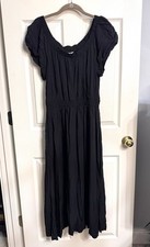 NWT GAP Size L Black Boatneck Puff Sleeve Smocked Elastic Waist Midi Dress