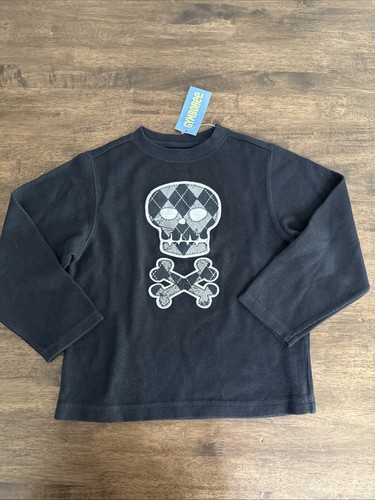 Gymboree Jungen Totenkopf schwarz & grau Patch bestickt Langarm T-Shirt Gr. 5 Neu mit Etikett