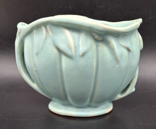 VTG 40s McCoy Pottery Vase 7.5" Lt Blue Green Matte Oval Twig Handled Leaf Melon
