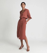 REISS Emilie Petite Belted Wrap Collared Midi Dress Pockets Size 16 RRP £198 VGC
