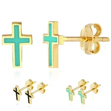 14K Gold Enamel Black Light Turquoise Cross Stud Push Back Earrings 8mm