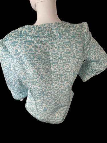 ⭐️Bob Mackie Open Front Lined Blazer, Teal & White, Ruched Sleeves Size 12 - Picture 2 of 8