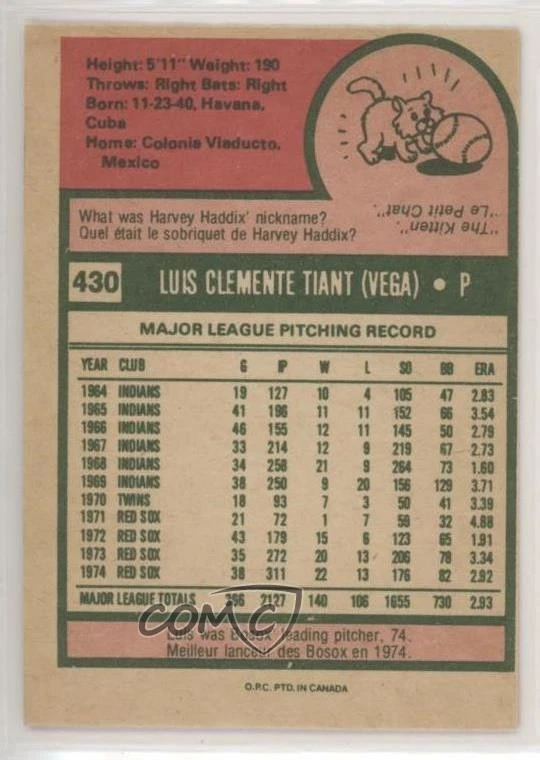 1975 O-Pee-Chee Luis Tiant #430 - Image 2 of 2