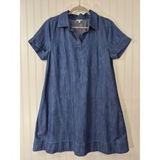 Talbots Blue Denim Cotton Short Sleeve Shift Dress Large Petite Pockets Preppy