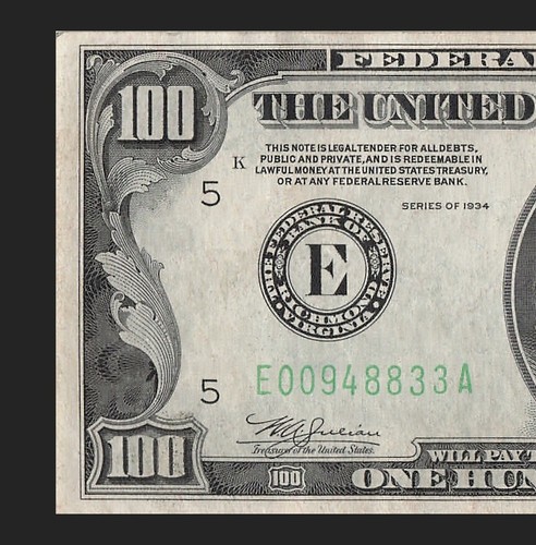 1934 Richmond One Hundred Dollar Bill E00948833A K3 Back Plate 86 - Picture 4 of 11