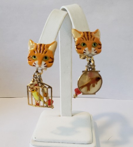 Orecchini Vintage Pranzo Al Ritz Pendenti Smaltati Gatto Clip On Pesce E Uccellino - Foto 10 di 12