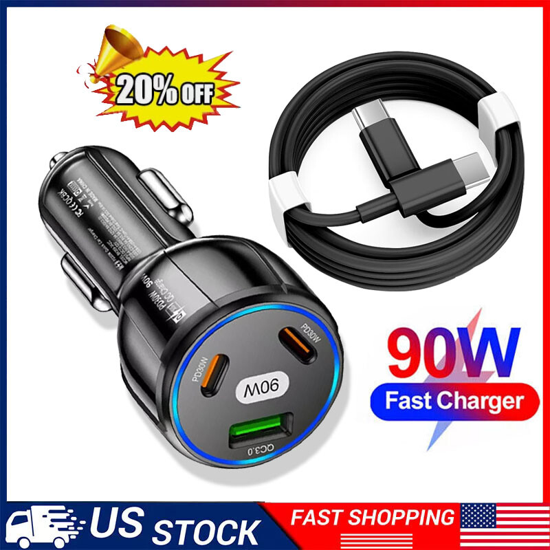 90W Fast Charging Car Charger Adapter For iPhone 16 15 14 13 12 11