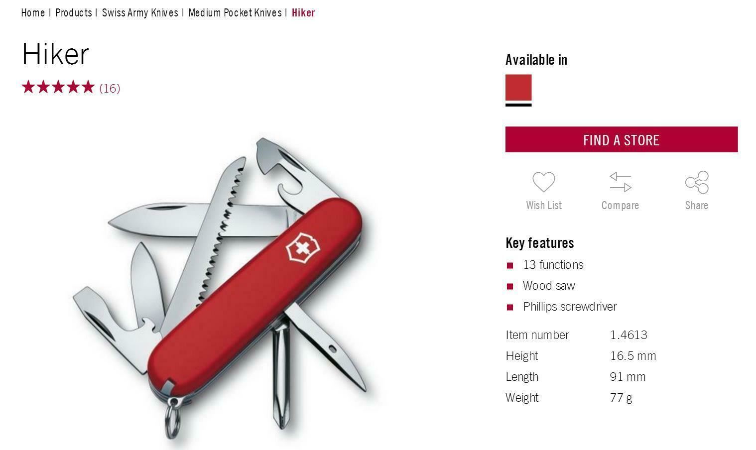 VICTORINOX Swiss Army Knife Hiker with Screwdriver and Saw 1.4613 Red