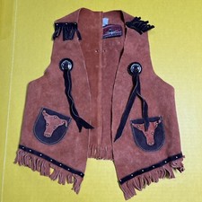 Vintage Cowboy/Cowgirl kids Large Suede Leather Vest Fringe costume Bull