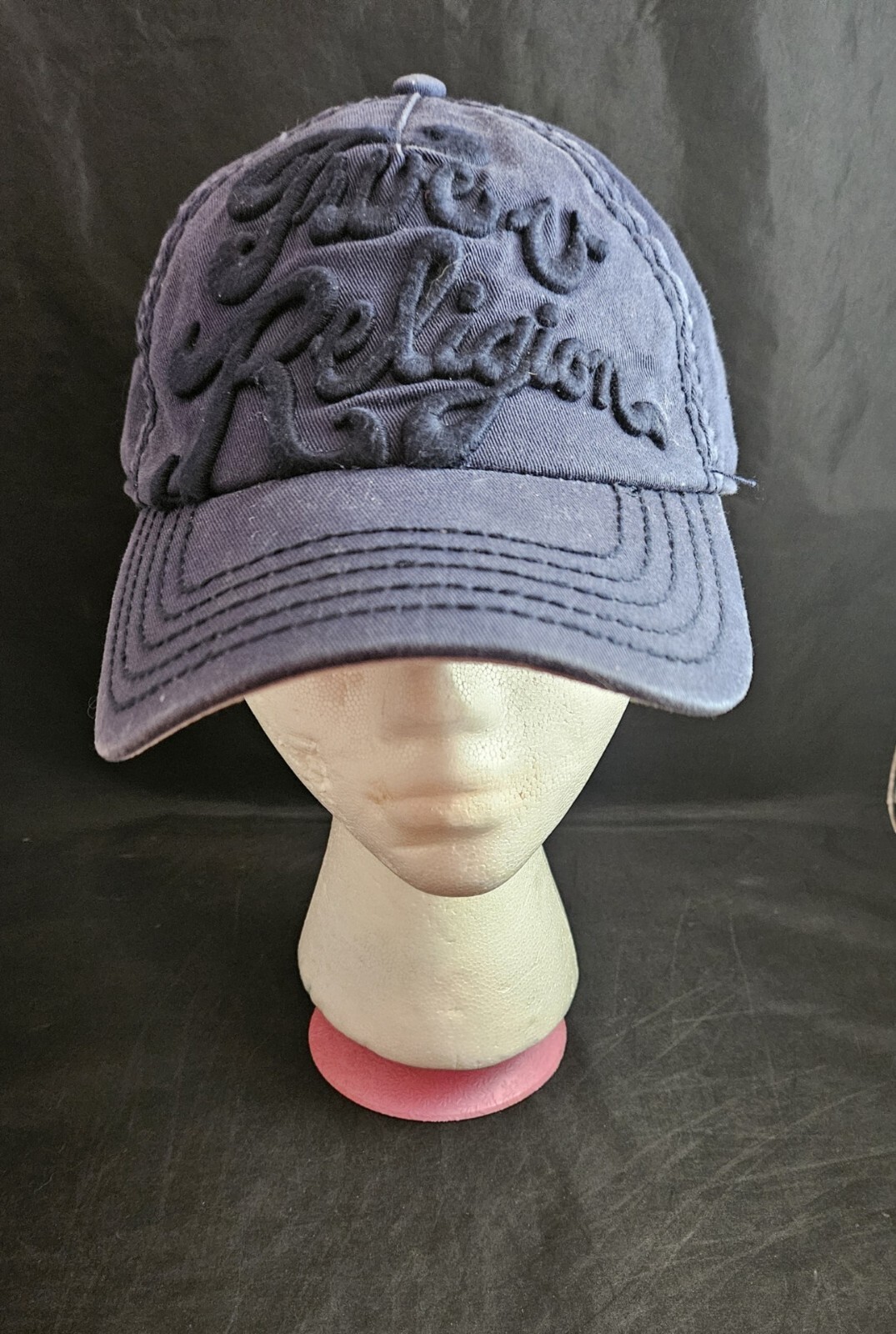 True Religion Hat Cap Leather Strap Back Navy 3D Embroidered Spellout Fashion