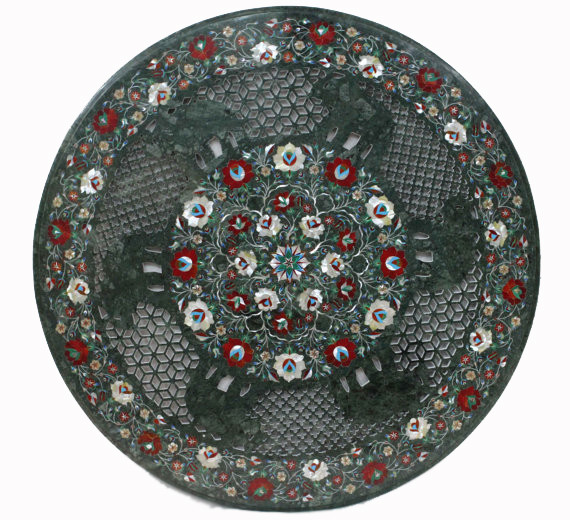 24-inch round green marble table top with inlay art for home decor