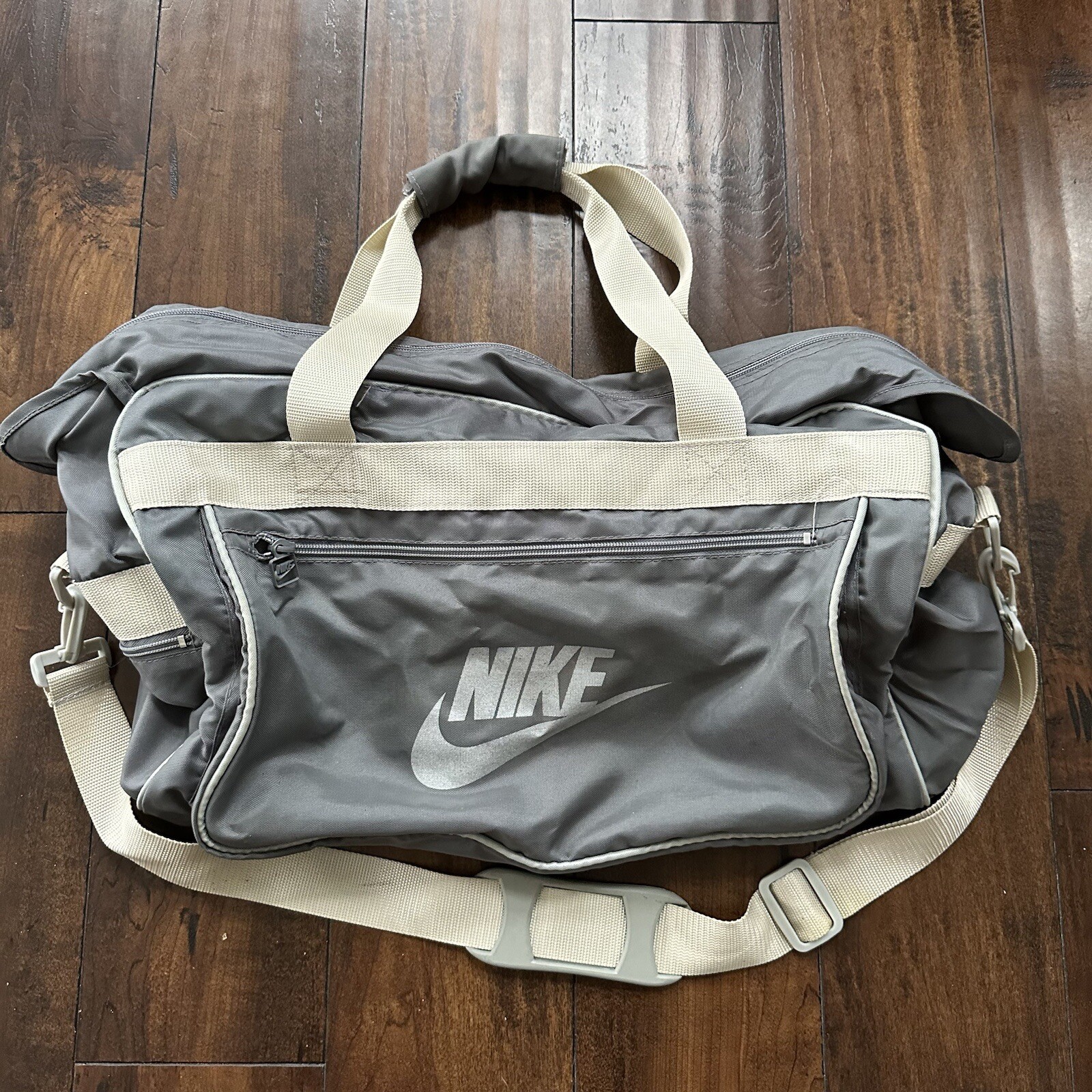 Vintage NIKE Swoosh Duffle Gym Bag 90s Gray White Sim… Gem