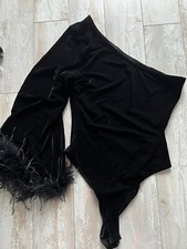 Flying tomato Holiday black velvet one shoulder bodysuit feather Sleeve Sz small