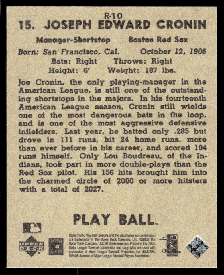 2003 Upper Deck Play Ball 1941 Reprints Joe Cronin Boston Red Sox #R-10 - Image 2 of 2