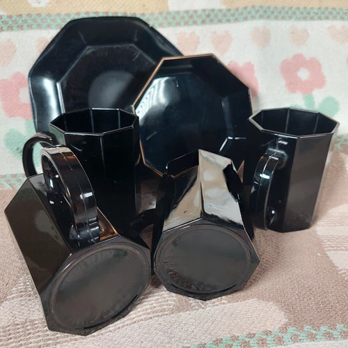 VTG Arcoroc Octime Black Octagonal France 4 Mug, Plate, Bowl 6PC Set