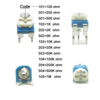 500 x Blue White 100K Ohm 104 Trimpot Trimmer Potentiometer