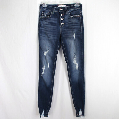 Kancan Skinny Ankle Jean Sz 3 25 Dark Wash Distressed Denim Button Fly High Rise