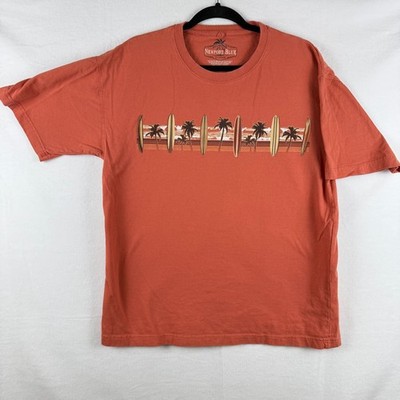 Newport Blue Orange Rancho T Shirt, Palm Trees and Surfboard Graphic, Size XL