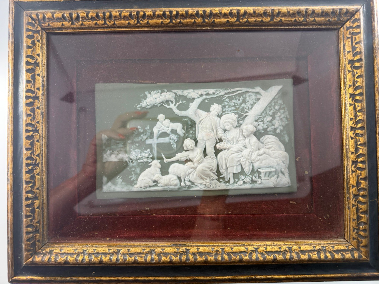 Jasperware Relief Plaque Sage Green, Classical Scene Wedgwood-style, framed