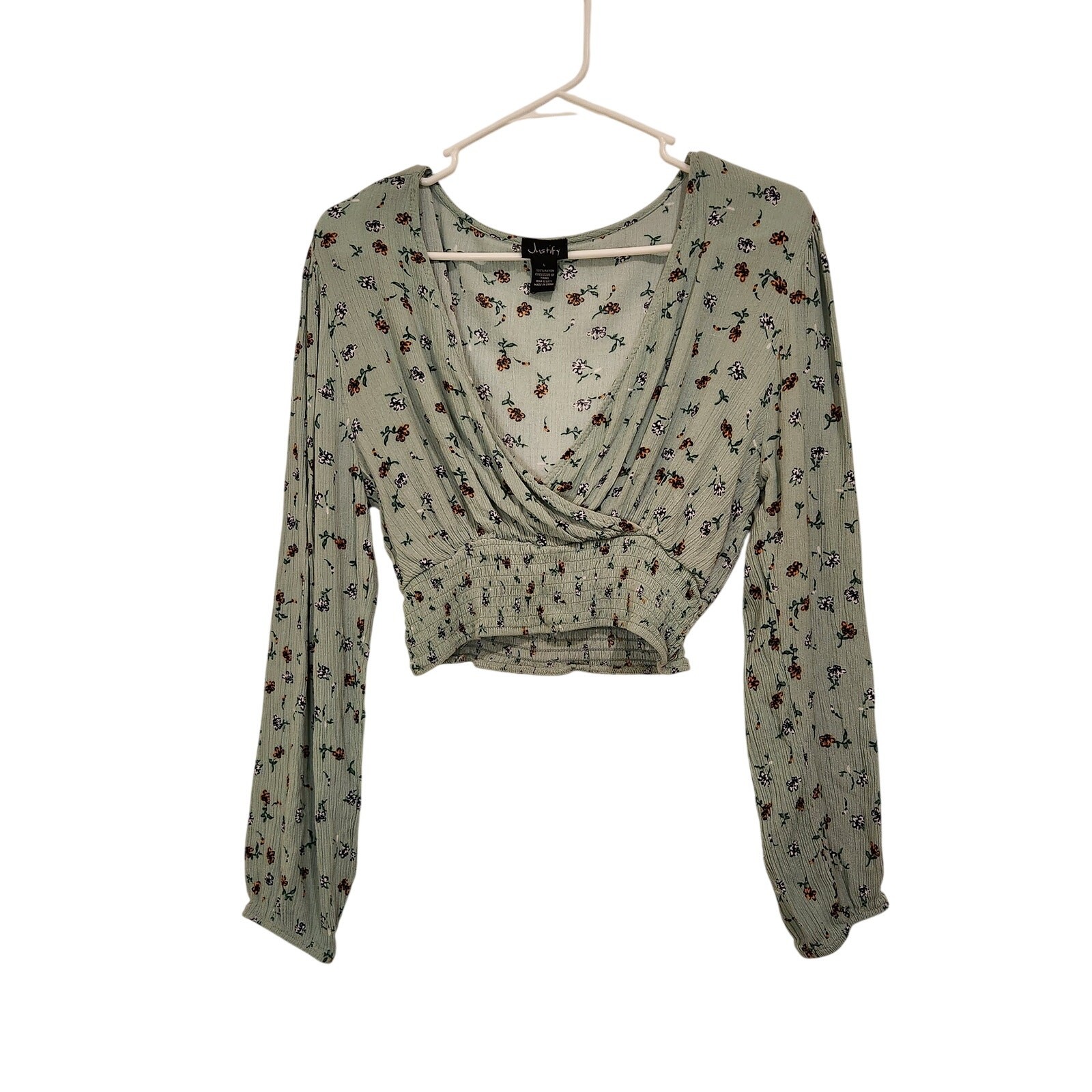 Justify Green Floral Long Sleeve Smocked Waist Faux Wrap Crop Top Blouse Large
