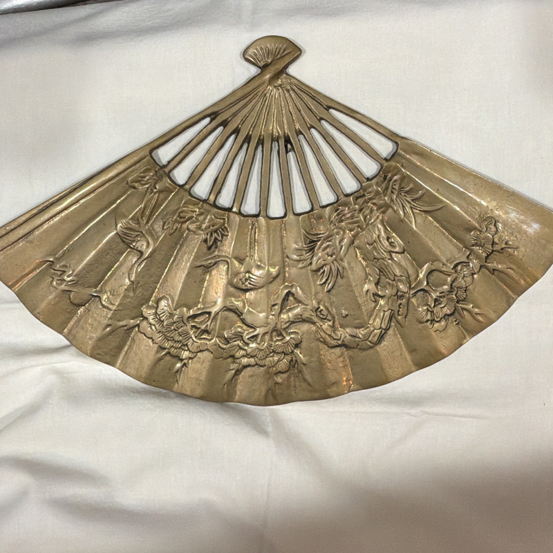 Chinese vintage Brass metal Folding Fan w/ Embossed Cranes and Bonsai Tree