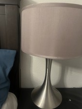 Modern Brushed Silver Table Lamp Metal Base Drum Fabric Shade Bedroom
