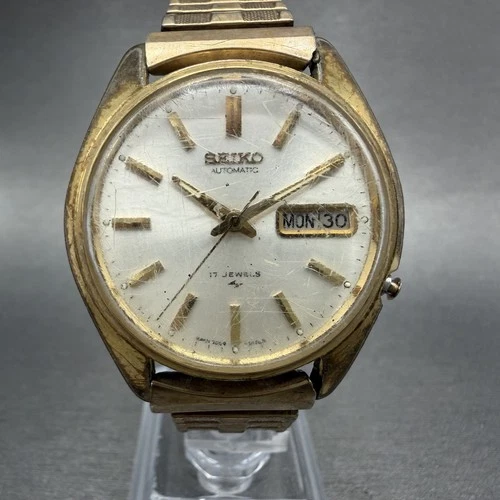 Seiko Automatic Watch Men 37mm Silver Dial Gold Tone Daydate 7009-8129 Runs READ
