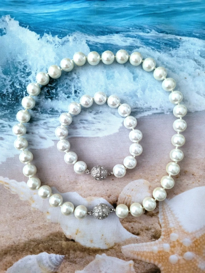 Mallorca Set Perlenkette 46 cm + Armband 21 cm weiß handgefertigt  Neu