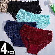4 Pc Semi Sheer Lace Panties Women Floral Hollow Breathable Cotton Briefs