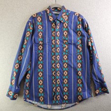 Wrangler Shirt Mens L Blue Aztec Stripe Vintage Pearl Snap Western Southwestern