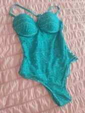 Tinibikini One Piece Swimsuit Bathing Suit Underwire Bra XL Wintergreen Lace 