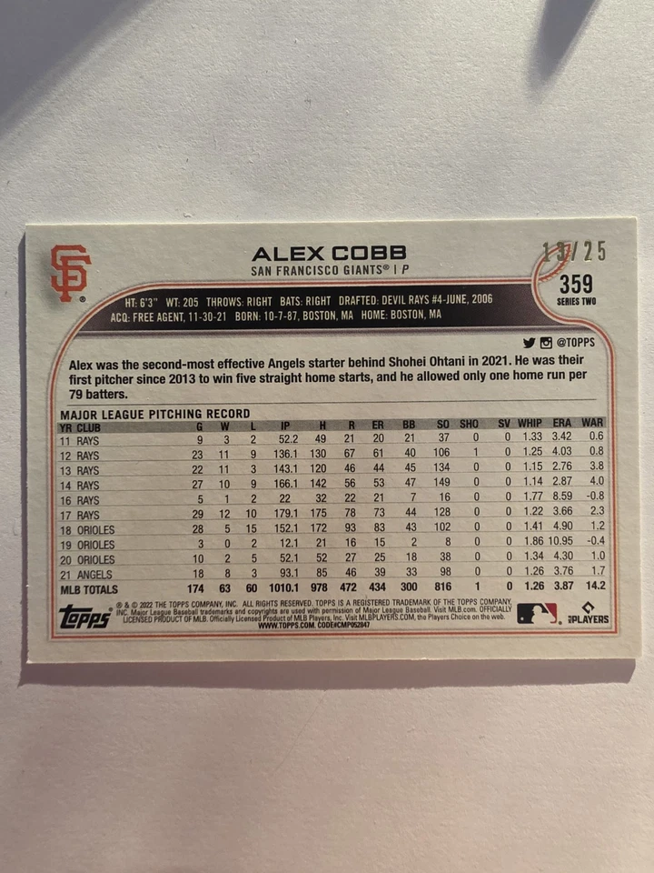 2022 Topps Series 2 Alex Cobb #359 Memorial Day Camo /25 - Image 2 of 2