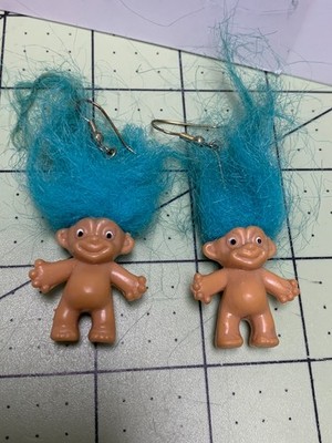 Vintage Troll Doll - Pair of Earrings with Aqua Blue Hair